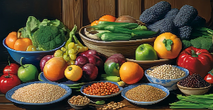 A close-up of a colorful plate filled with various fiber-rich foods including legumes, whole grains, fruits, and vegetables, arranged on a rustic wooden table under soft natural light.