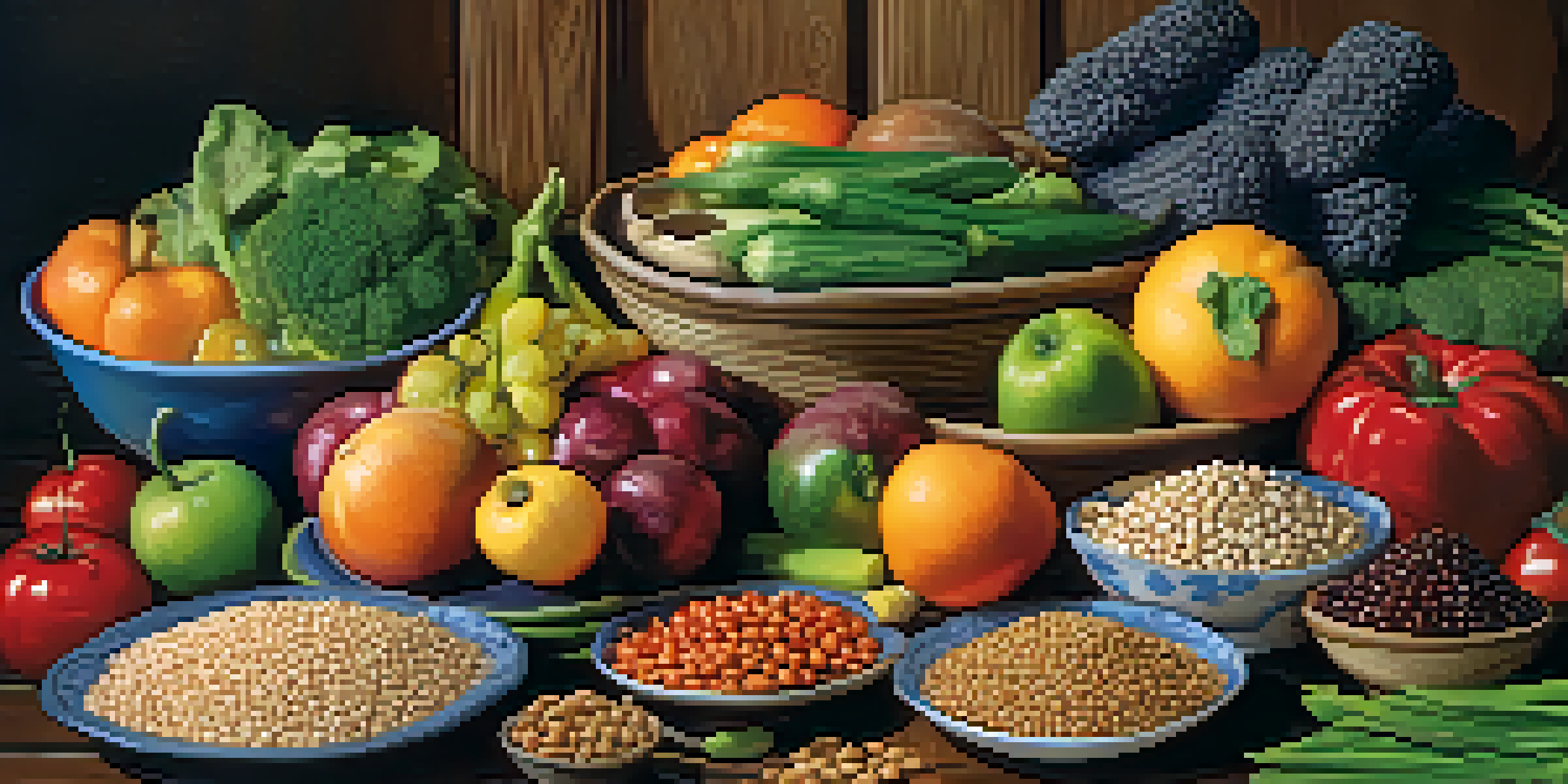 A close-up of a colorful plate filled with various fiber-rich foods including legumes, whole grains, fruits, and vegetables, arranged on a rustic wooden table under soft natural light.