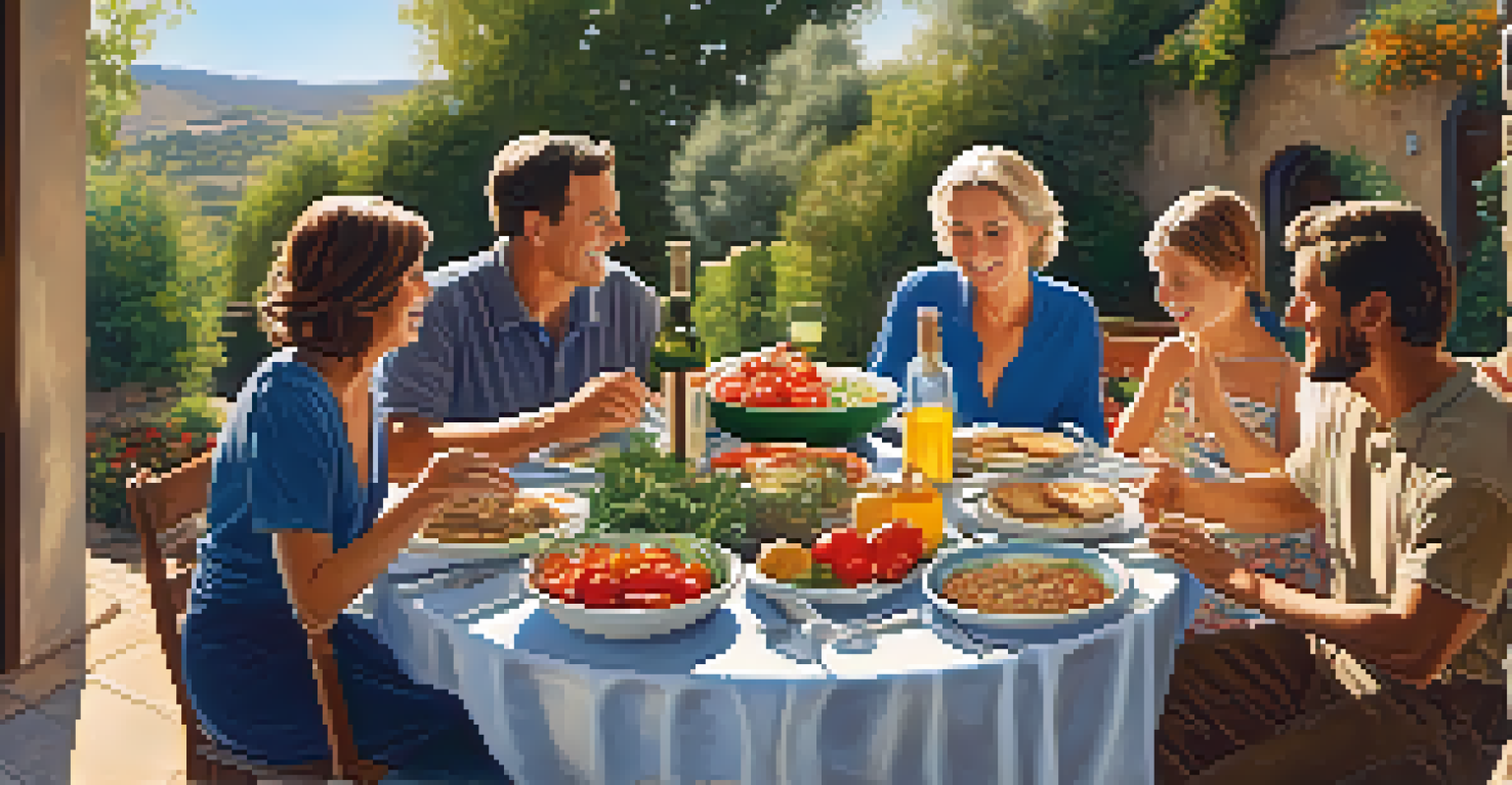 A family enjoying a Mediterranean meal at a sunlit dinner table, with dishes of grilled vegetables and olive oil, exuding warmth and joy.