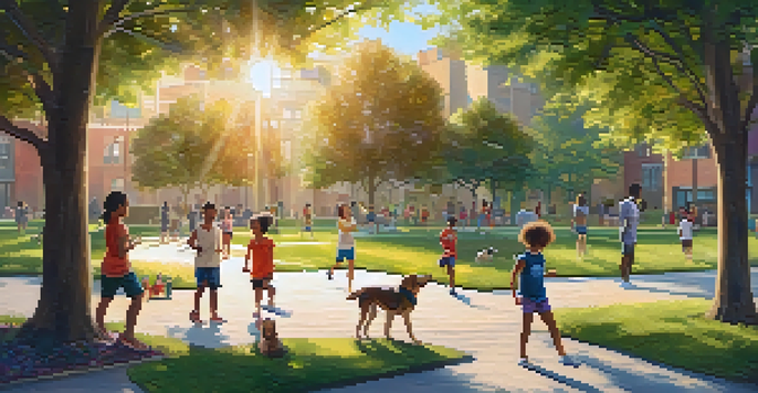 A lively park with children playing soccer, adults practicing yoga, and people jogging along a path, all under a bright sun.