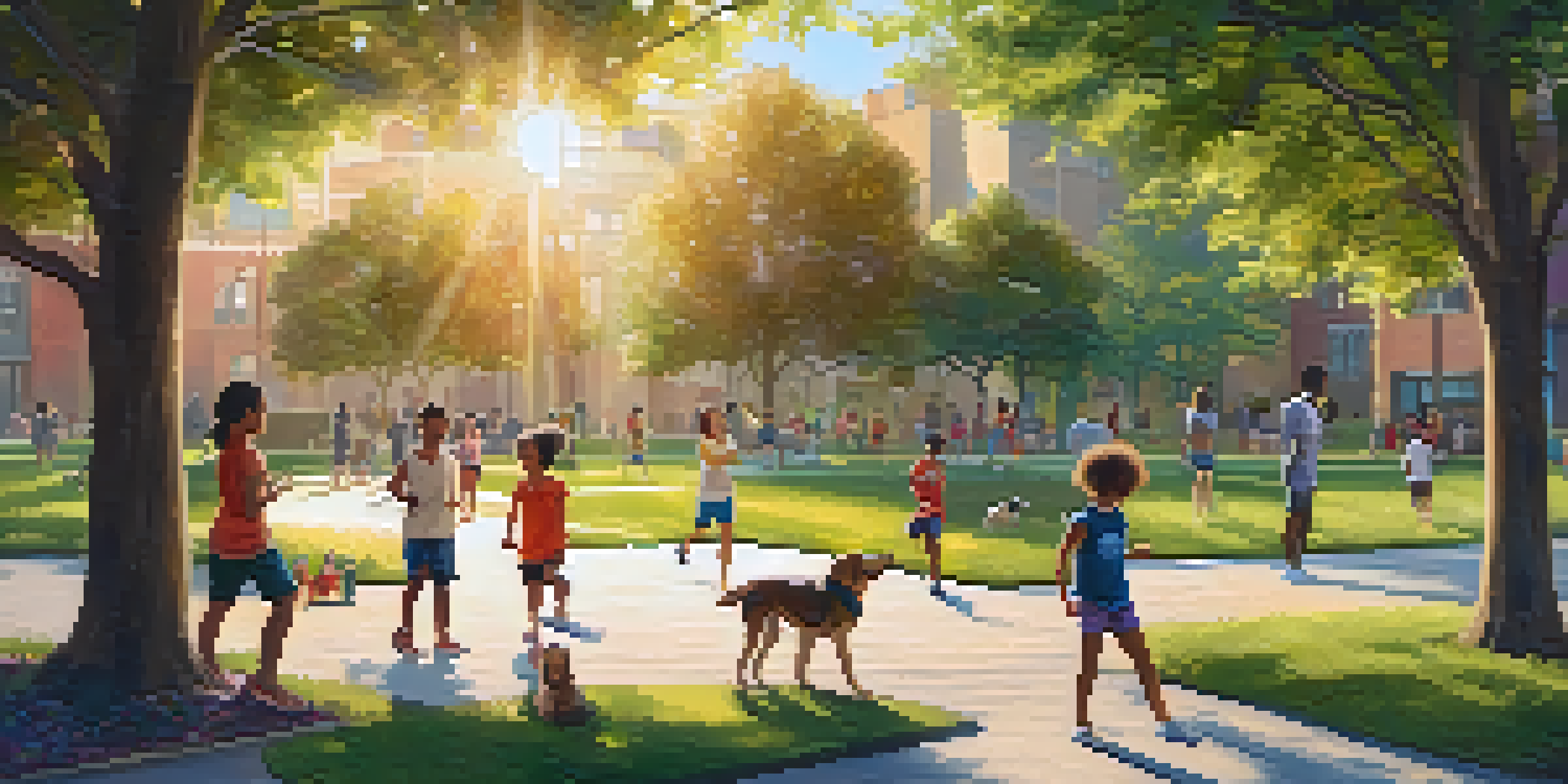 A lively park with children playing soccer, adults practicing yoga, and people jogging along a path, all under a bright sun.