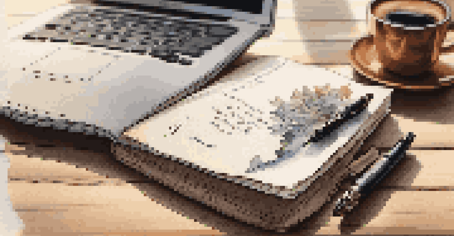 A close-up of an open journal with a fountain pen on a wooden desk, with a laptop and coffee mug blurred in the background.