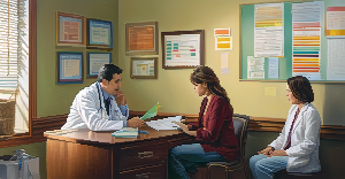 A family physician talks to a parent and child in a cozy office, discussing vaccination with charts on the wall.