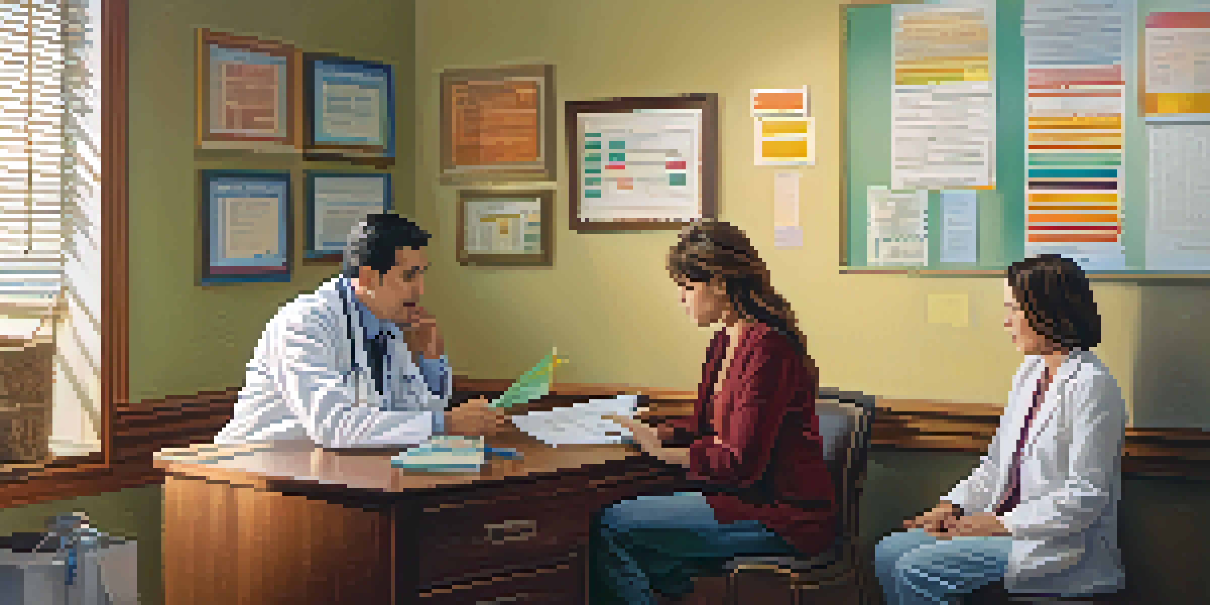 A family physician talks to a parent and child in a cozy office, discussing vaccination with charts on the wall.