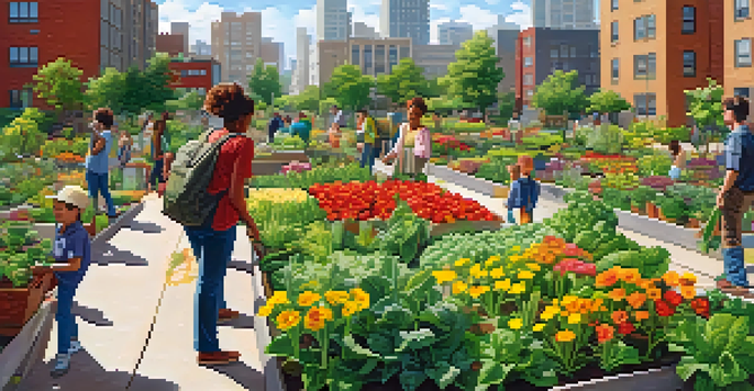 A diverse group of people tending to a colorful community garden surrounded by urban buildings, showcasing blooming flowers and vegetables under a sunny sky.