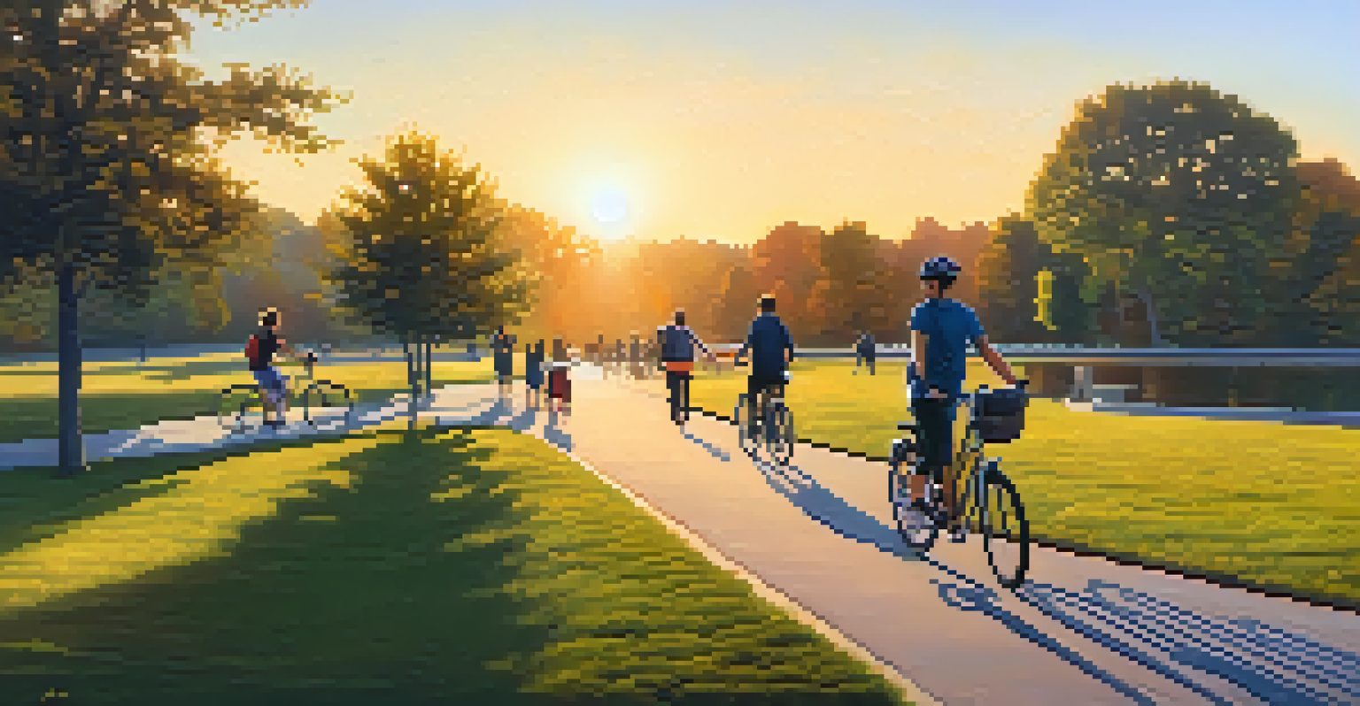 A serene park filled with people walking, jogging, and cycling during sunset, illuminated by a warm golden light.
