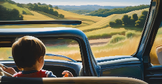 A child in the back seat of a car, playing with a toy, with sunlight streaming in and a blurred landscape outside.