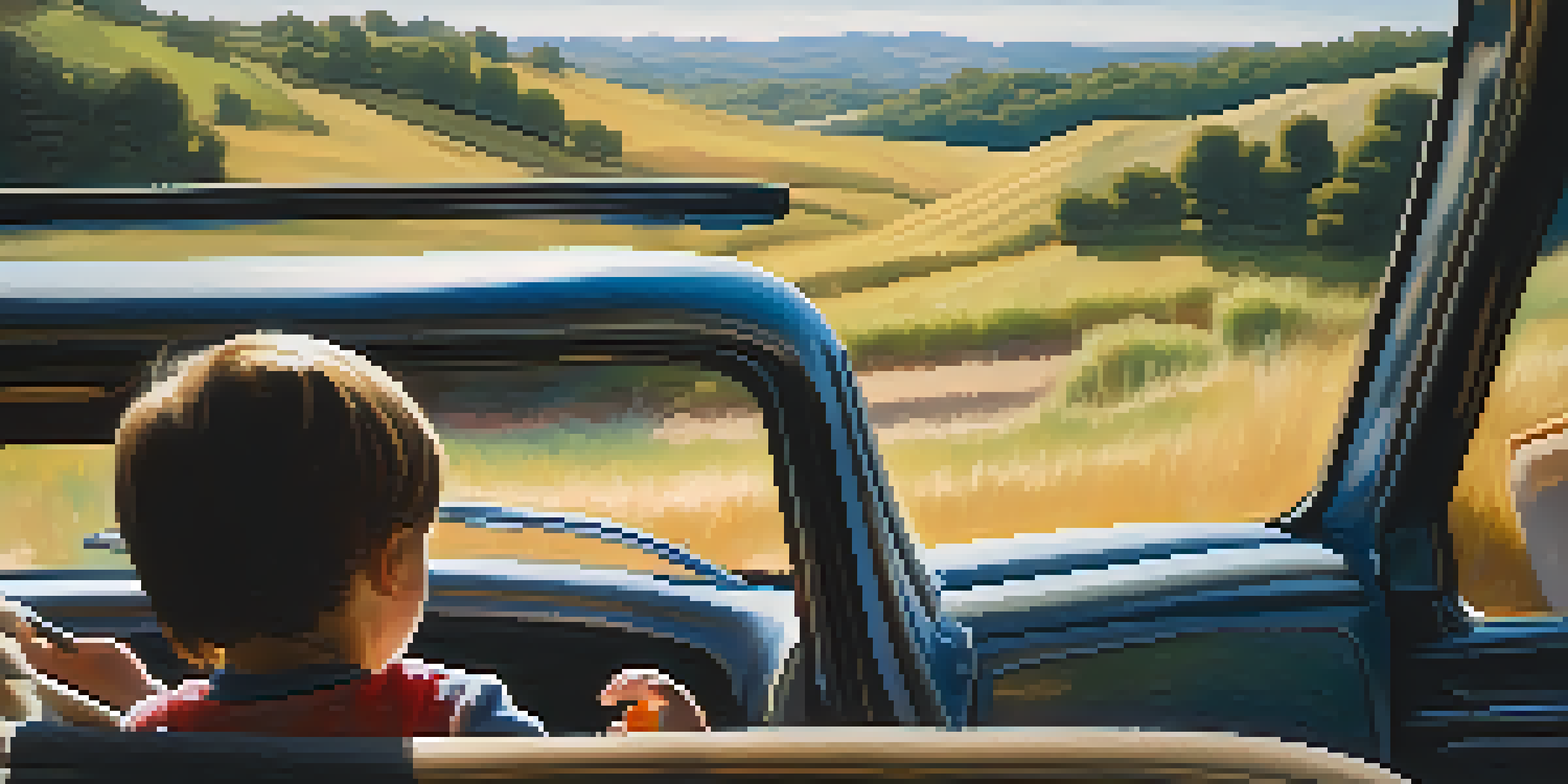 A child in the back seat of a car, playing with a toy, with sunlight streaming in and a blurred landscape outside.