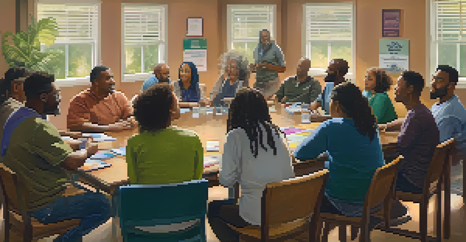 A diverse group of people sitting in a circle during a support group meeting in a cozy room.