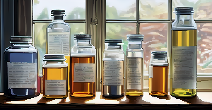 An artistic display of vaccine adjuvants on a wooden table with soft natural light, featuring glass containers and a scientific notebook.