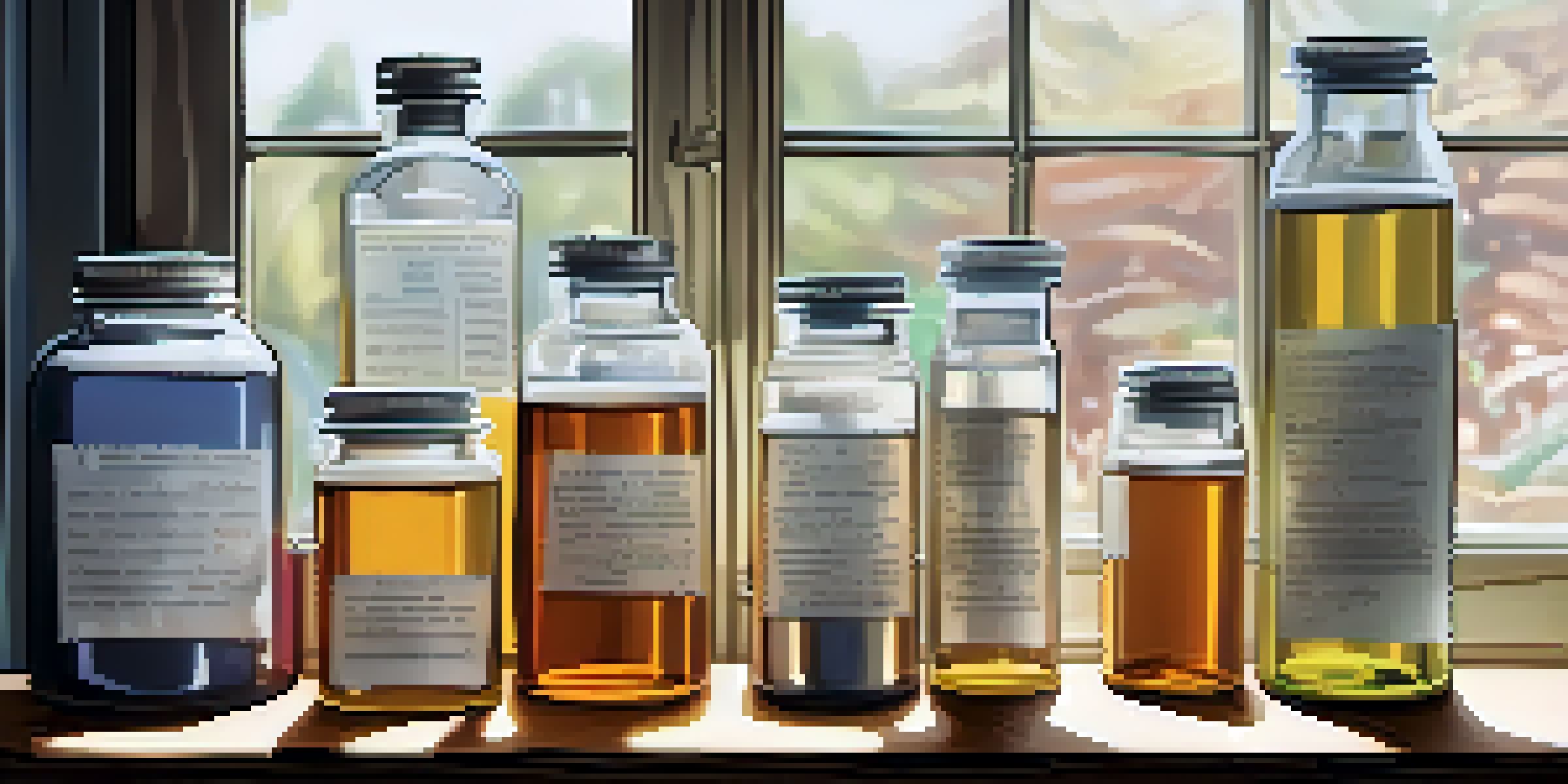 An artistic display of vaccine adjuvants on a wooden table with soft natural light, featuring glass containers and a scientific notebook.