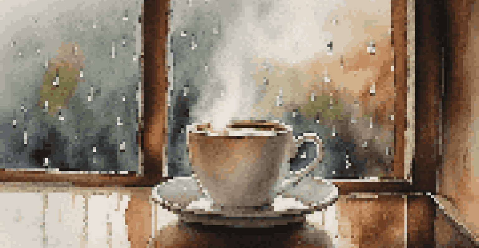 A hand holding a steaming cup of coffee with a rainy window in the background, creating a warm and cozy feeling.