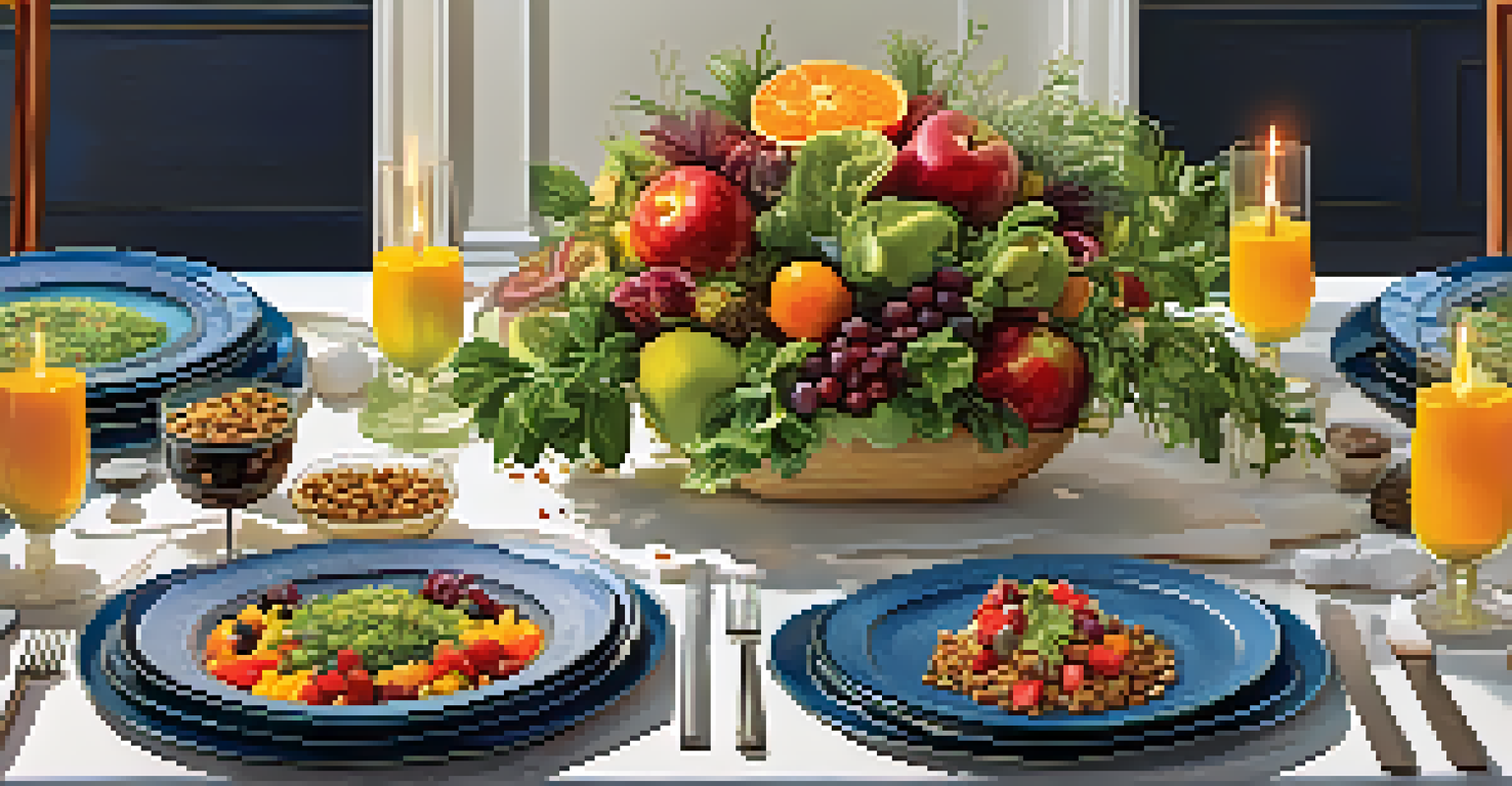 A dining table beautifully set with allergen-free dishes, including salads and fruits, illuminated by soft candlelight.
