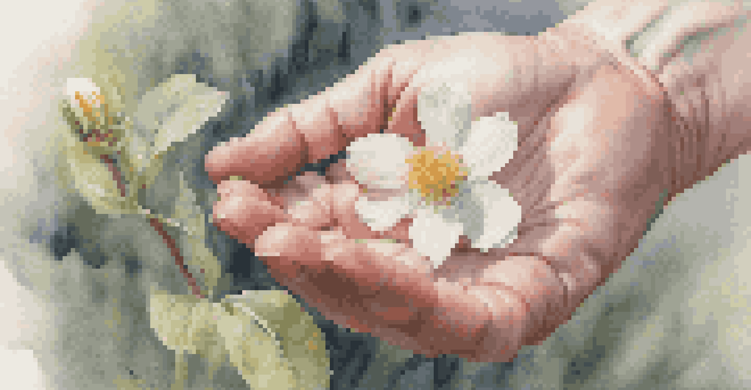 A close-up of a hand gently holding a flower, symbolizing hope and resilience against a softly blurred background.
