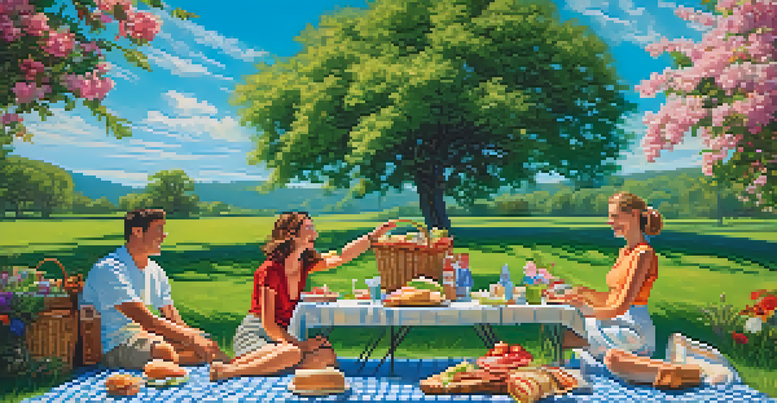 A couple enjoying a picnic outdoors, playfully feeding each other while laughing.