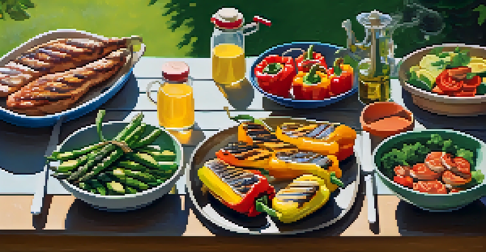 A lively barbecue scene with grilled vegetables and meats, surrounded by a lush garden and bright sunlight.