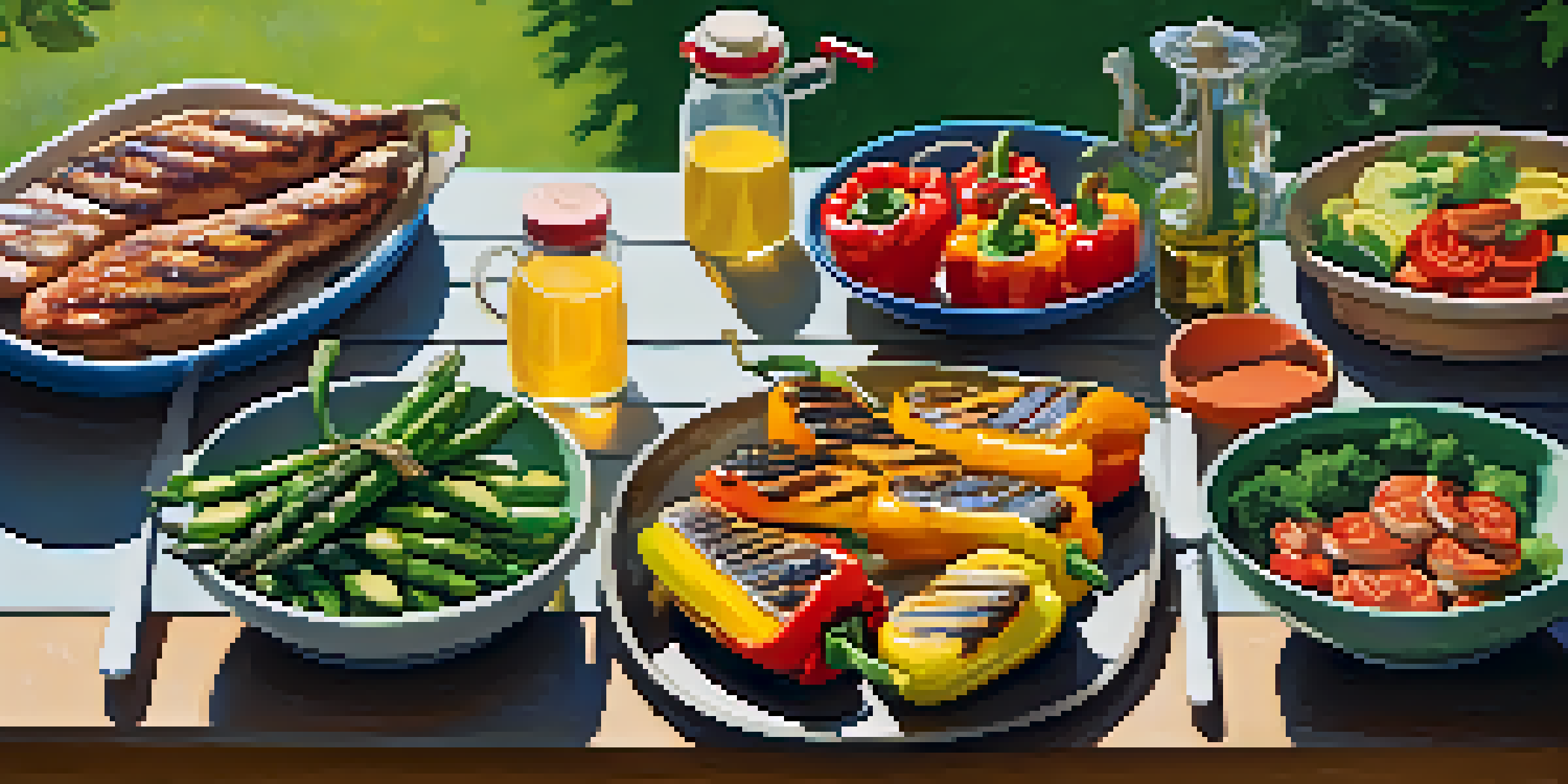A lively barbecue scene with grilled vegetables and meats, surrounded by a lush garden and bright sunlight.