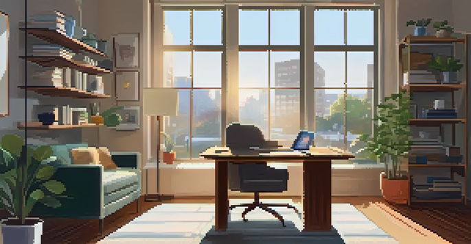 A calm and organized workspace with a laptop, tea, and a plant, illuminated by natural light, showing a harmonious work-life balance.