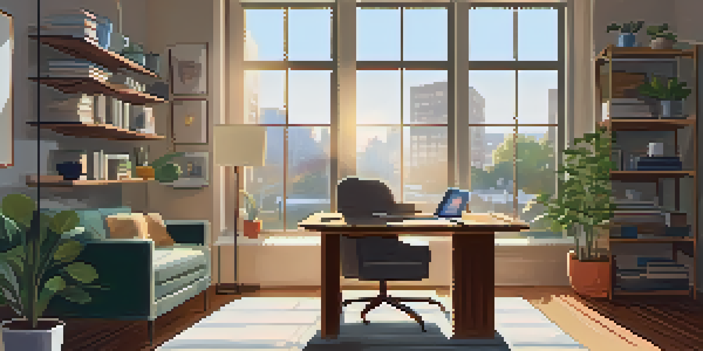 A calm and organized workspace with a laptop, tea, and a plant, illuminated by natural light, showing a harmonious work-life balance.