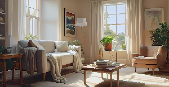 A cozy living room with warm natural light, an armchair, and a light therapy box on a table, surrounded by soft textures and plants.