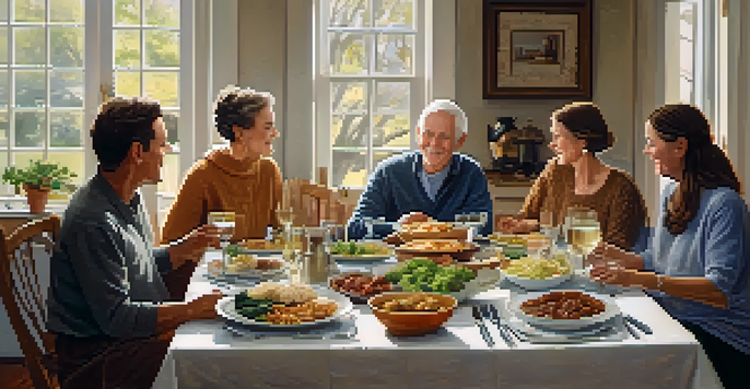 A family gathering at a dinner table with various generations discussing health history, surrounded by home-cooked dishes and warm lighting.