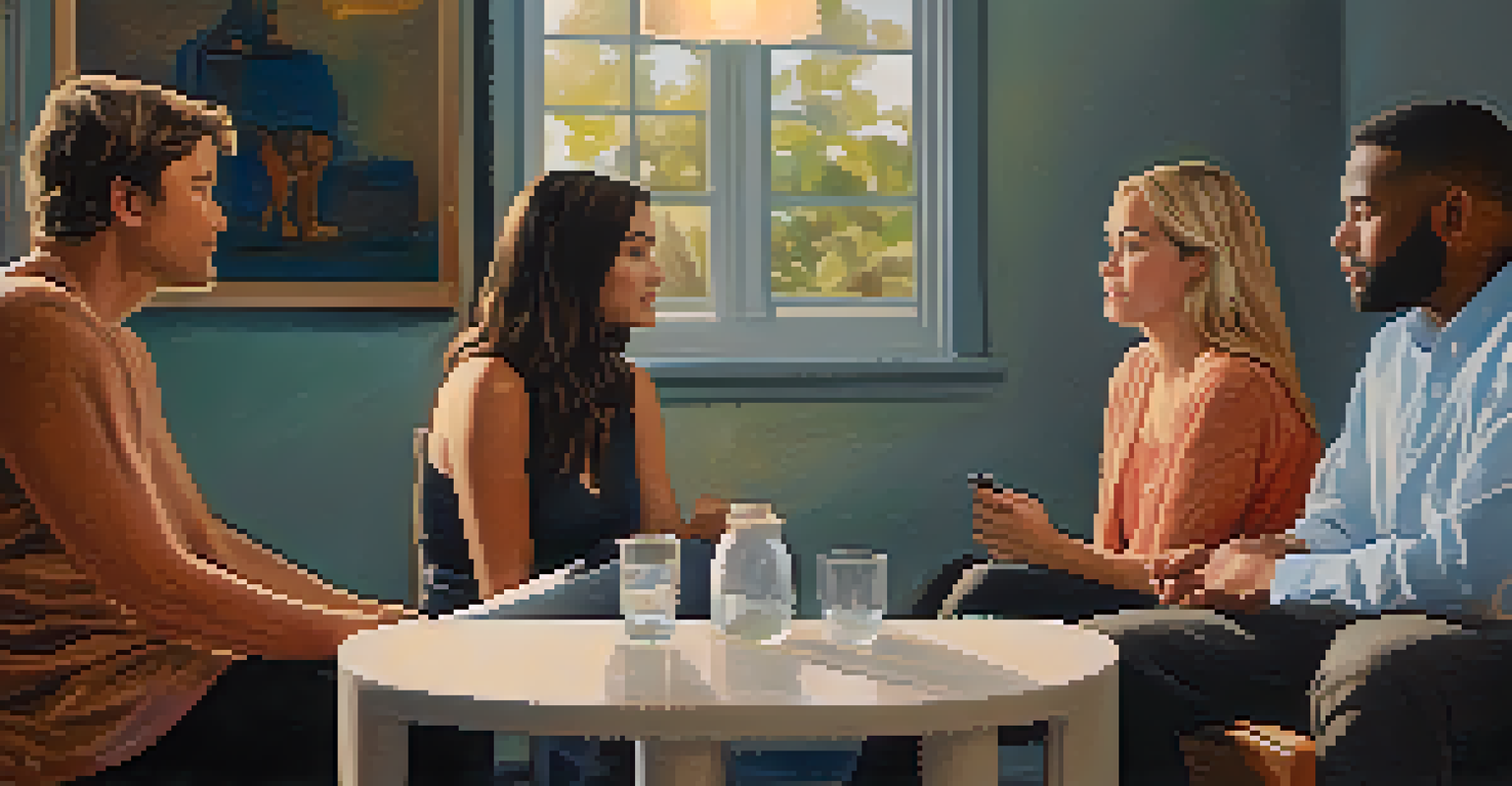 Two participants sharing a story in a group therapy session, while others listen attentively, creating a supportive atmosphere.