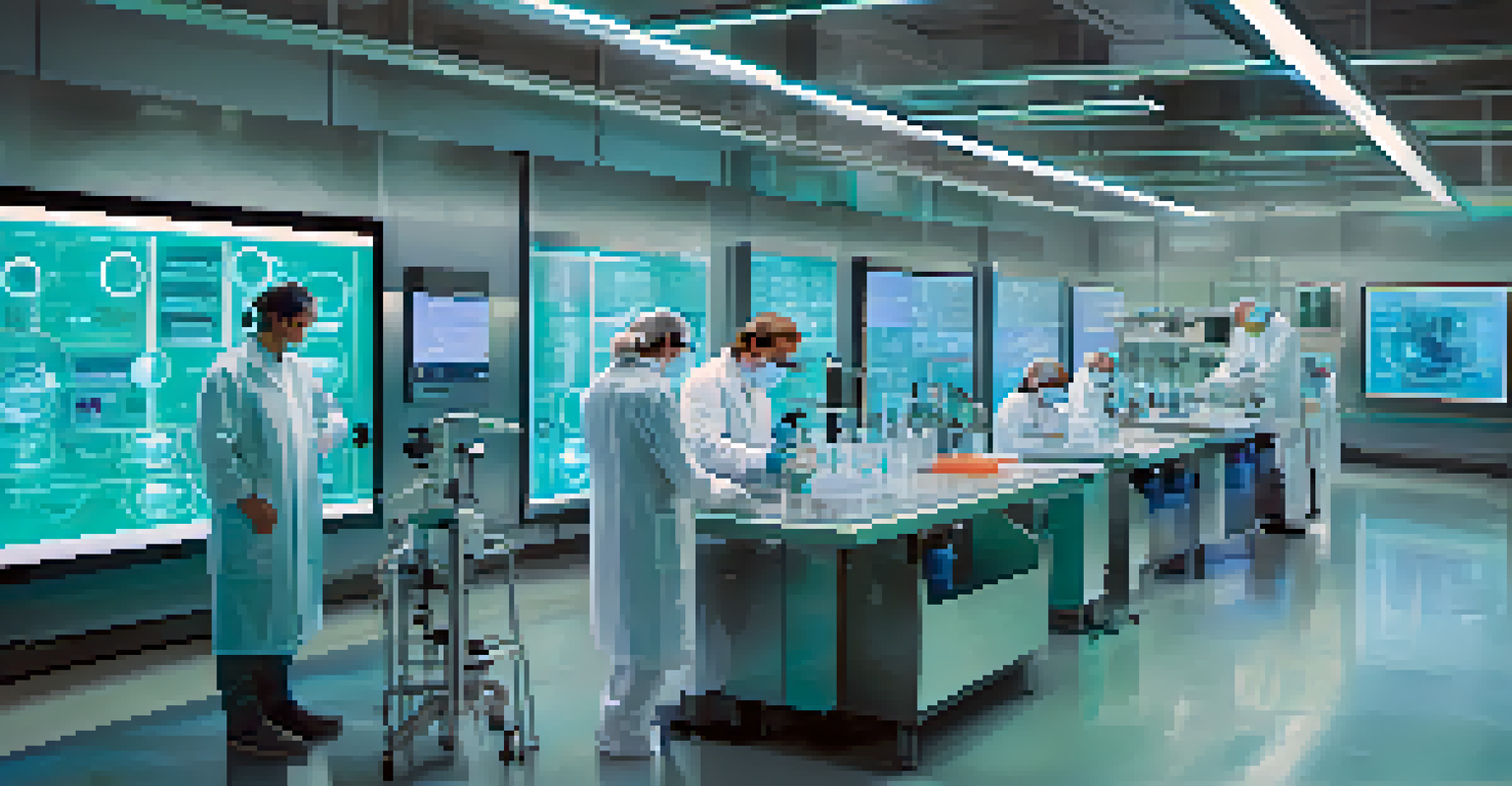 A futuristic lab setting with scientists developing innovative vaccine technology, featuring advanced equipment and holographic displays.