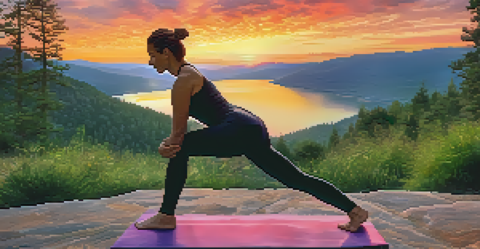 An athlete practicing yoga in a balancing pose against a stunning sunset view in the mountains.