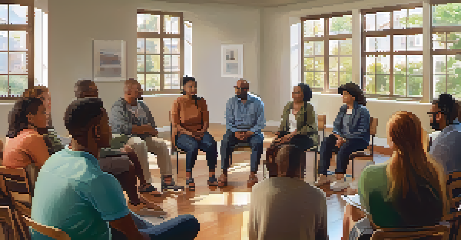 A diverse group of individuals in a supportive circle, sharing experiences in a warm and inviting room.