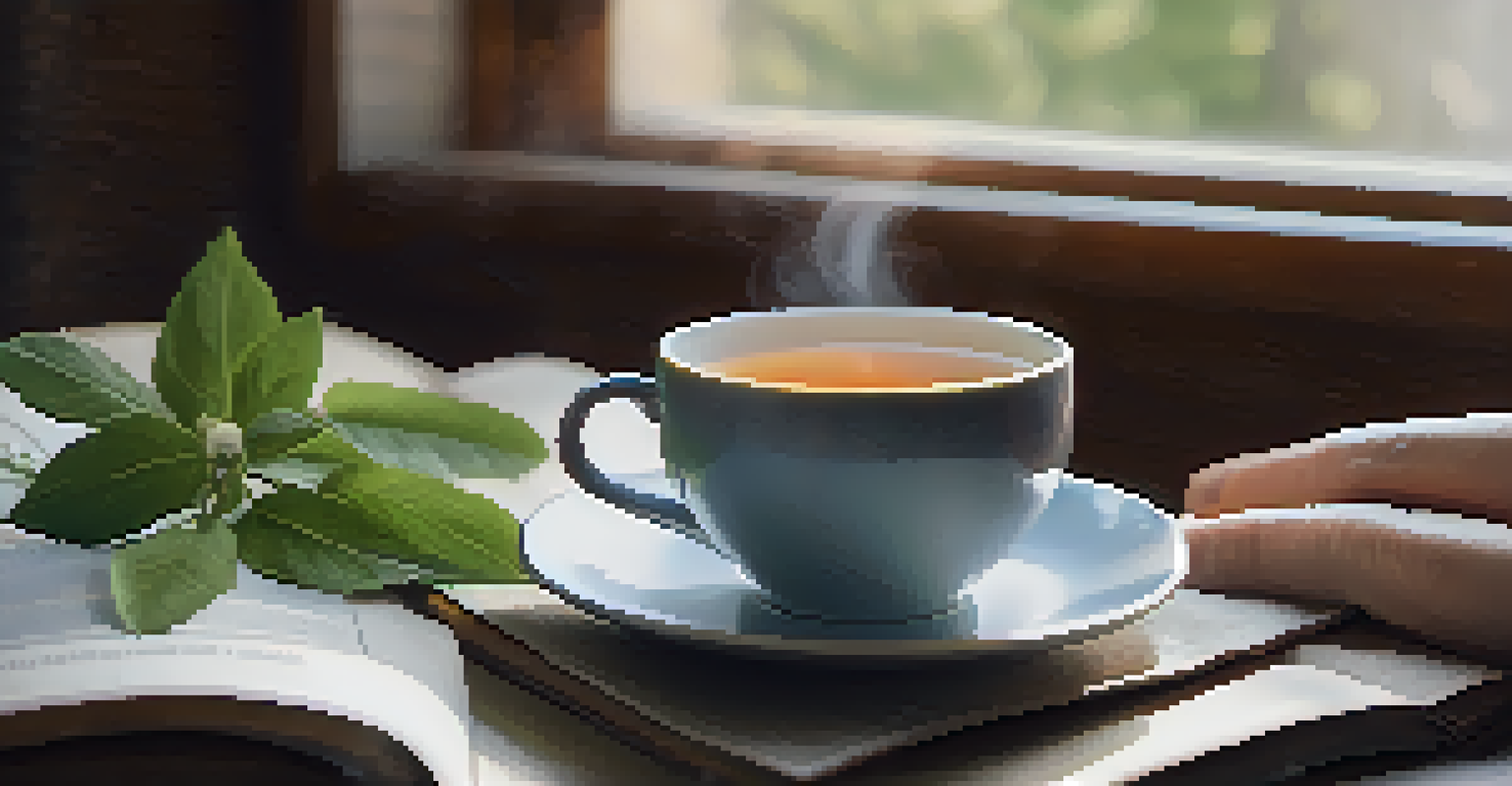 A close-up of a hand holding a steaming cup of herbal tea, with a yoga mat and meditation cushion in the background.