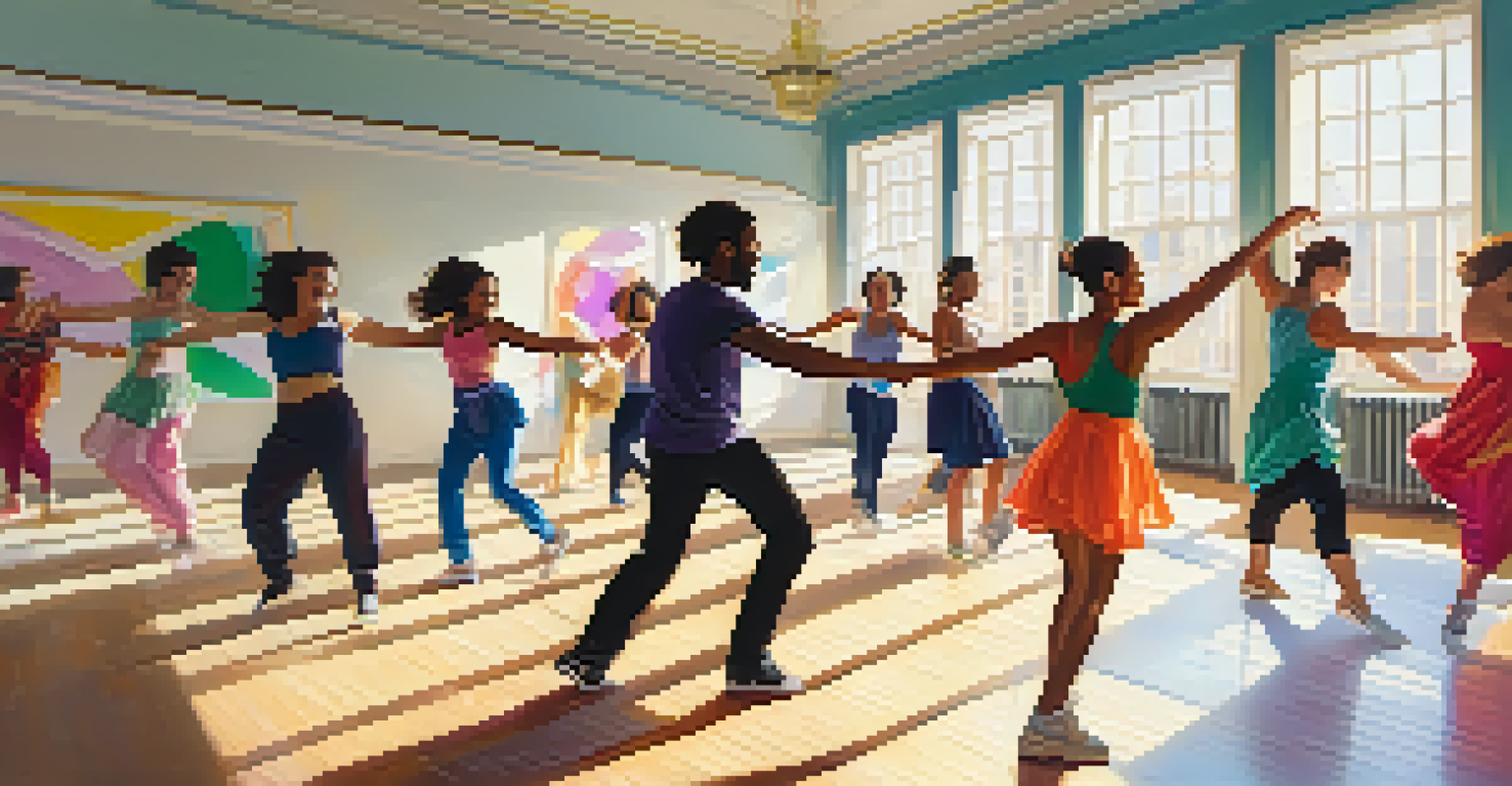 A lively dance class with people of various ages and backgrounds, enjoying their time dancing in a bright, cheerful studio.
