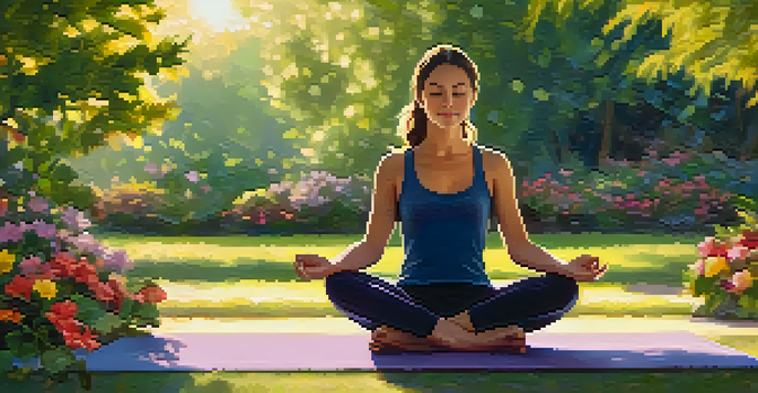 A person meditating in a tranquil park, surrounded by greenery and flowers, with sunlight filtering through the trees.