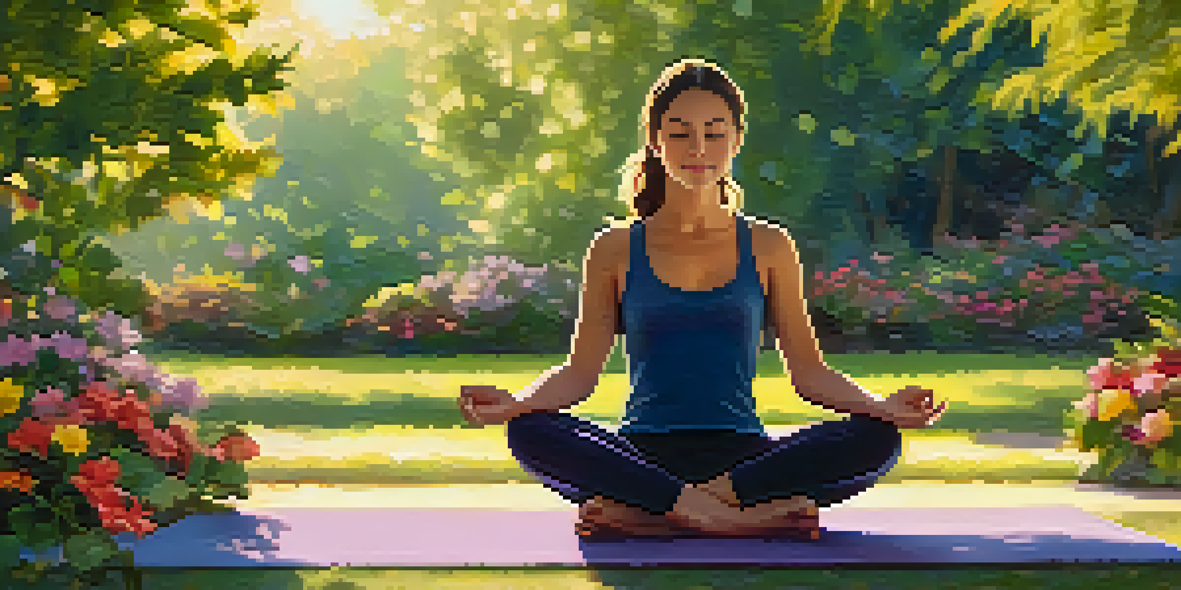 A person meditating in a tranquil park, surrounded by greenery and flowers, with sunlight filtering through the trees.