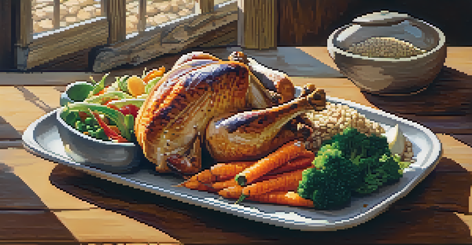 A colorful plate filled with vegetables, lean proteins, and whole grains on a wooden table, illuminated by soft natural light.