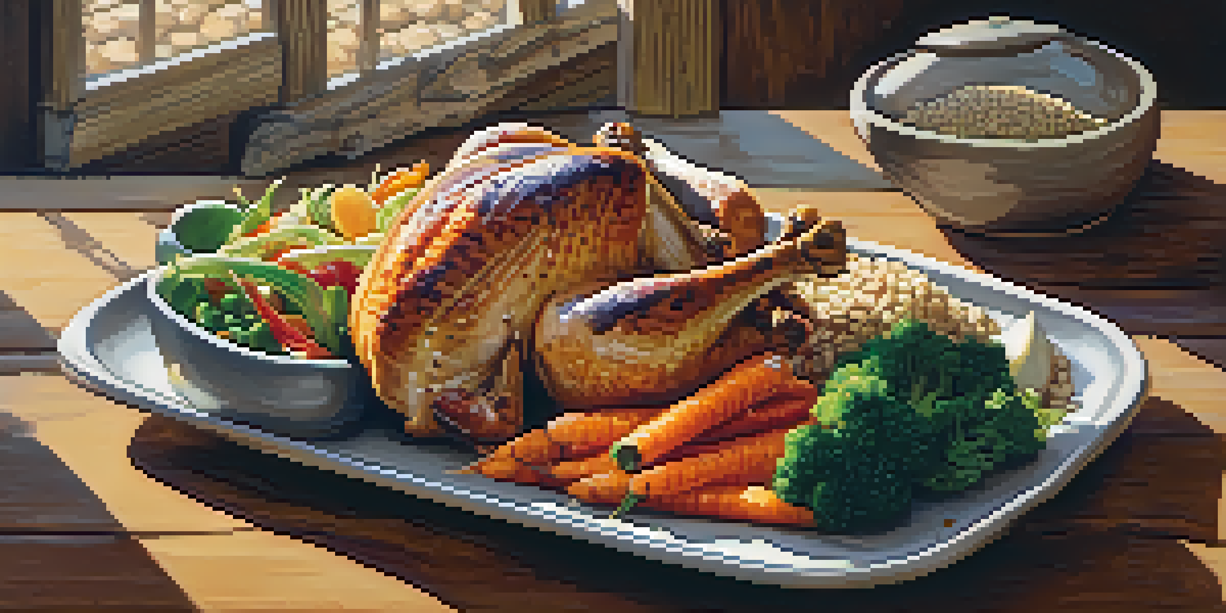 A colorful plate filled with vegetables, lean proteins, and whole grains on a wooden table, illuminated by soft natural light.