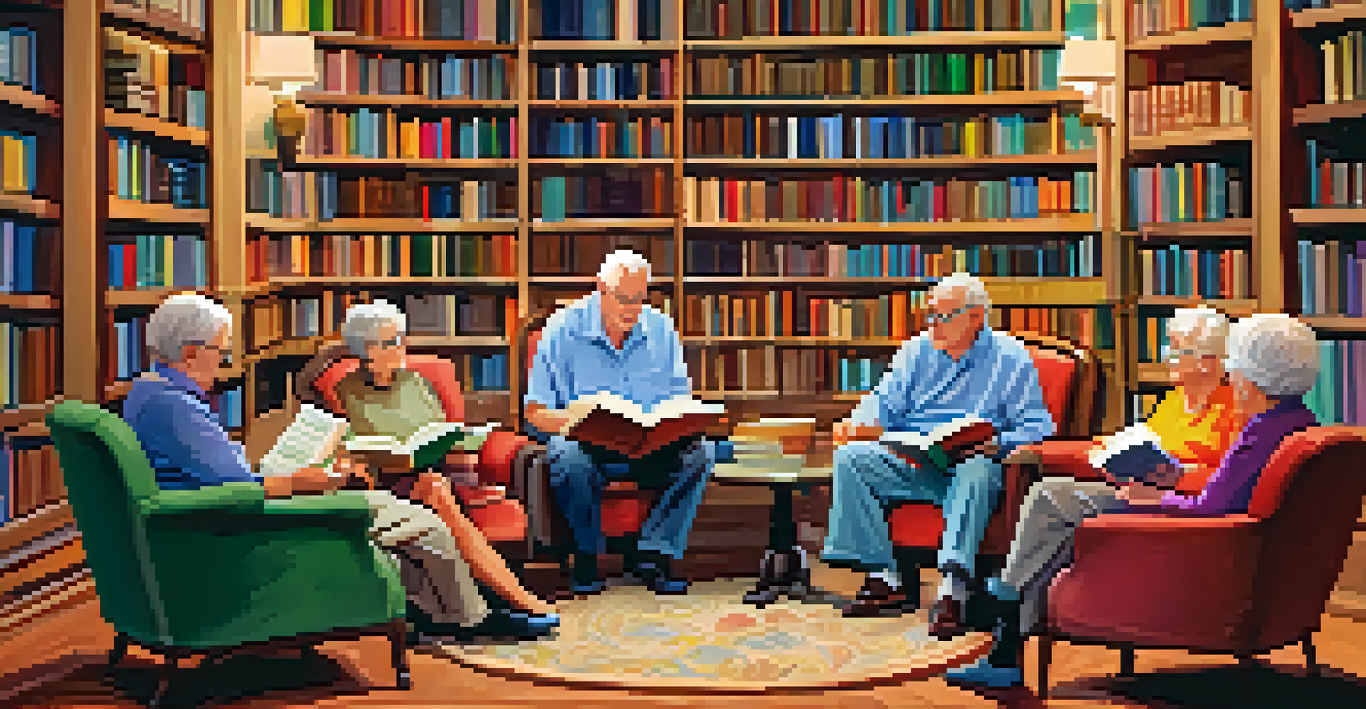 Seniors engaged in a book club meeting in a cozy library setting.