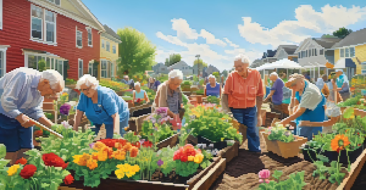 A group of elderly people enjoying a gardening activity, planting flowers and vegetables in a community garden.