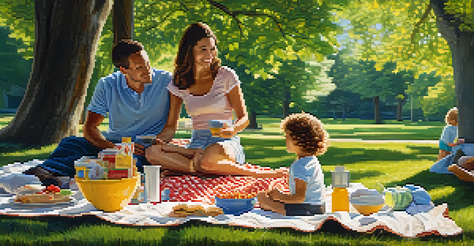 A family enjoying a picnic in a park, with a focus on a child eating a safe snack among non-allergenic foods, under a sunny tree shade.
