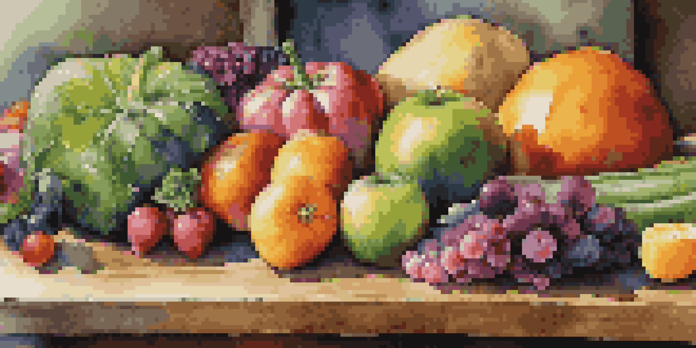 A colorful display of fresh fruits and vegetables on a wooden table, emphasizing their textures and vibrant colors in a natural kitchen setting.