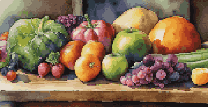 A colorful display of fresh fruits and vegetables on a wooden table, emphasizing their textures and vibrant colors in a natural kitchen setting.