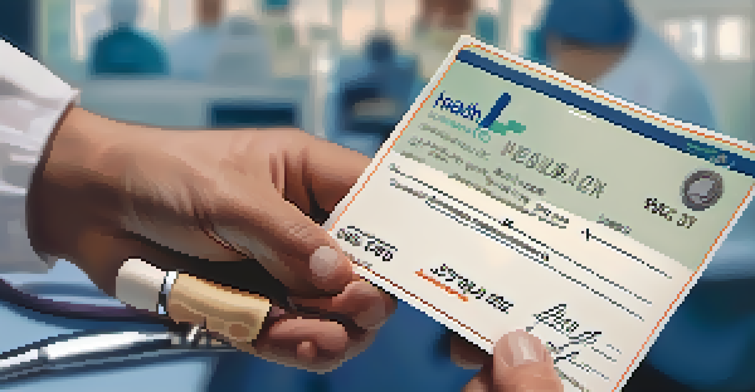 A close-up of a hand holding a health insurance card with a doctor's office setting in the background.