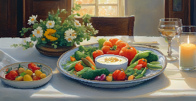 A dining table set for a mindful meal with colorful vegetables, whole grains, and yogurt, surrounded by soft lighting and a vase of flowers.