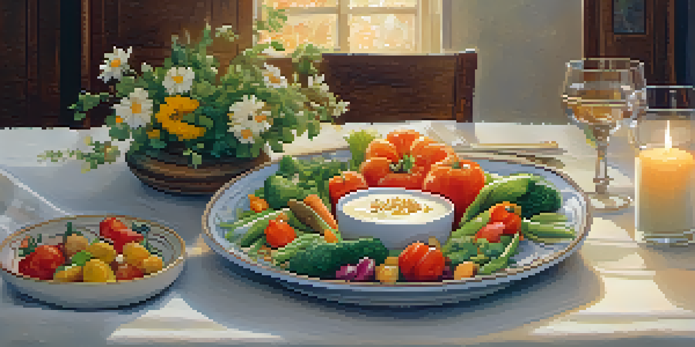 A dining table set for a mindful meal with colorful vegetables, whole grains, and yogurt, surrounded by soft lighting and a vase of flowers.