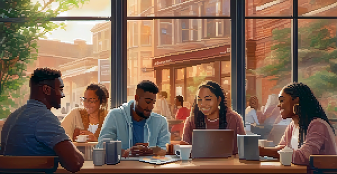A diverse group of individuals in a cozy coffee shop, sharing their mental health stories, with warm colors and soft sunlight.