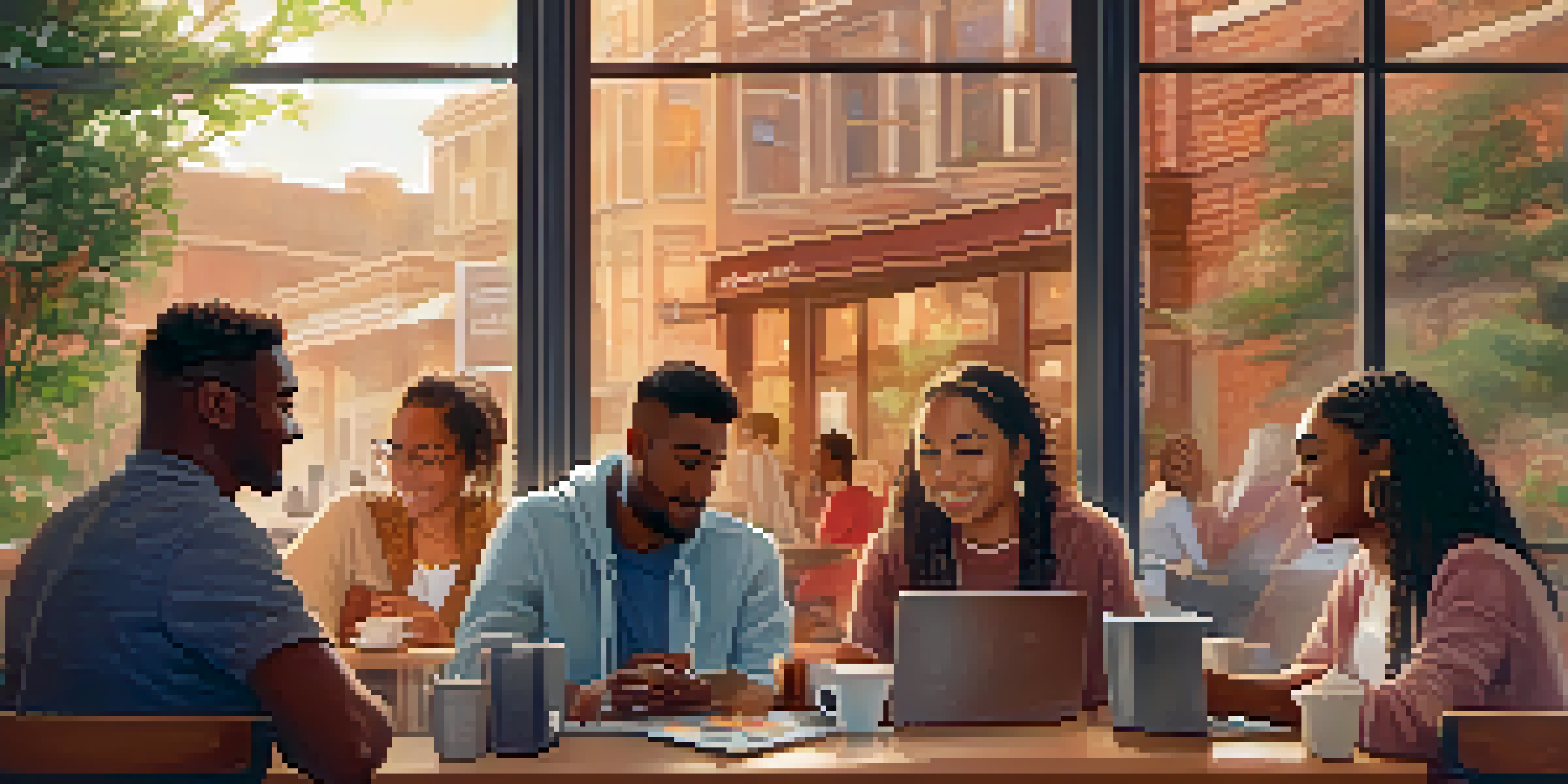 A diverse group of individuals in a cozy coffee shop, sharing their mental health stories, with warm colors and soft sunlight.