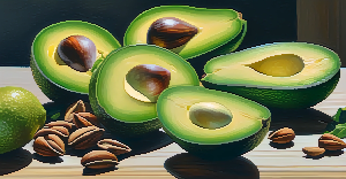 A vibrant arrangement of avocados, nuts, and leafy greens on a wooden table, illuminated by soft natural light.