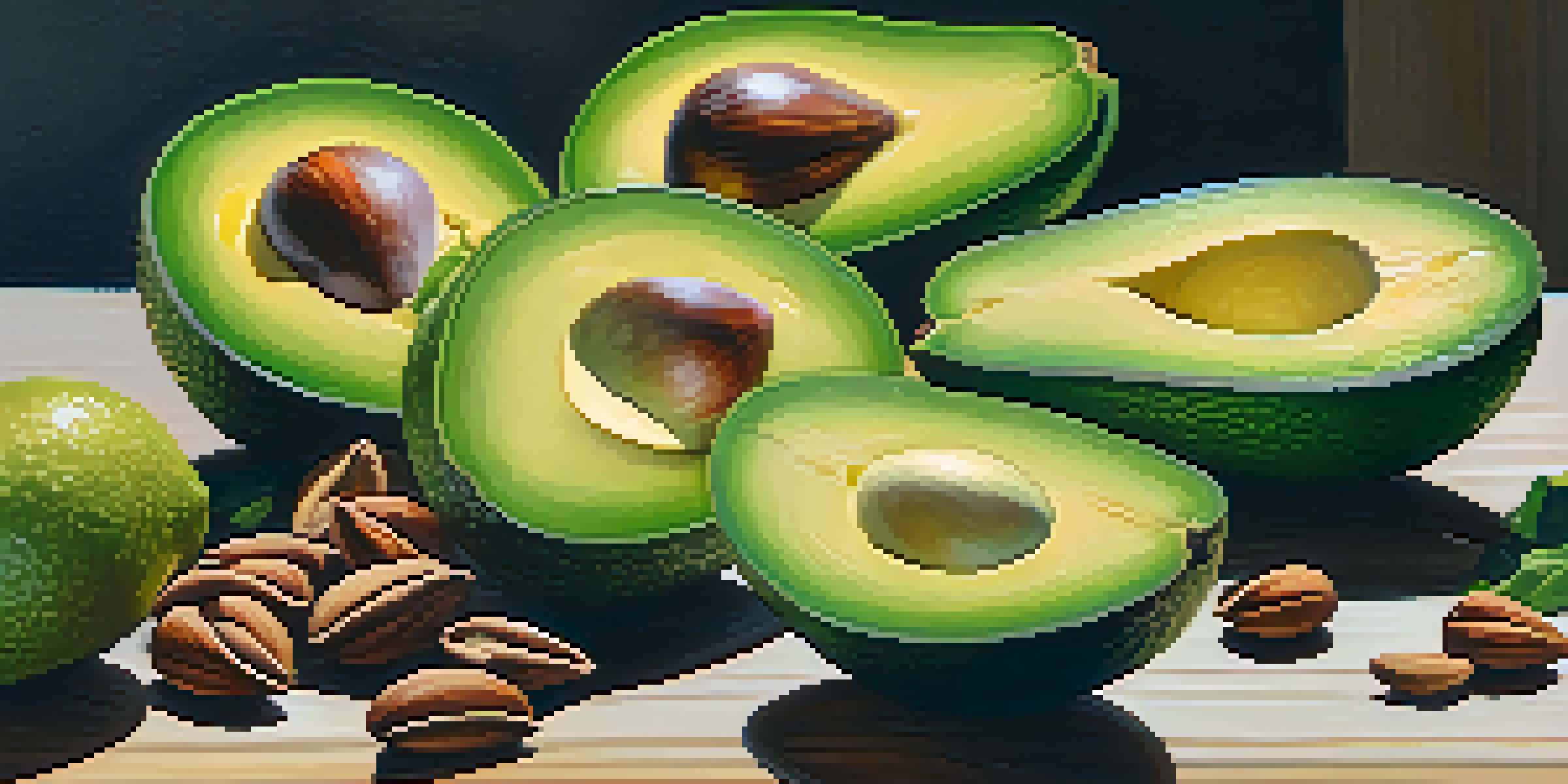 A vibrant arrangement of avocados, nuts, and leafy greens on a wooden table, illuminated by soft natural light.
