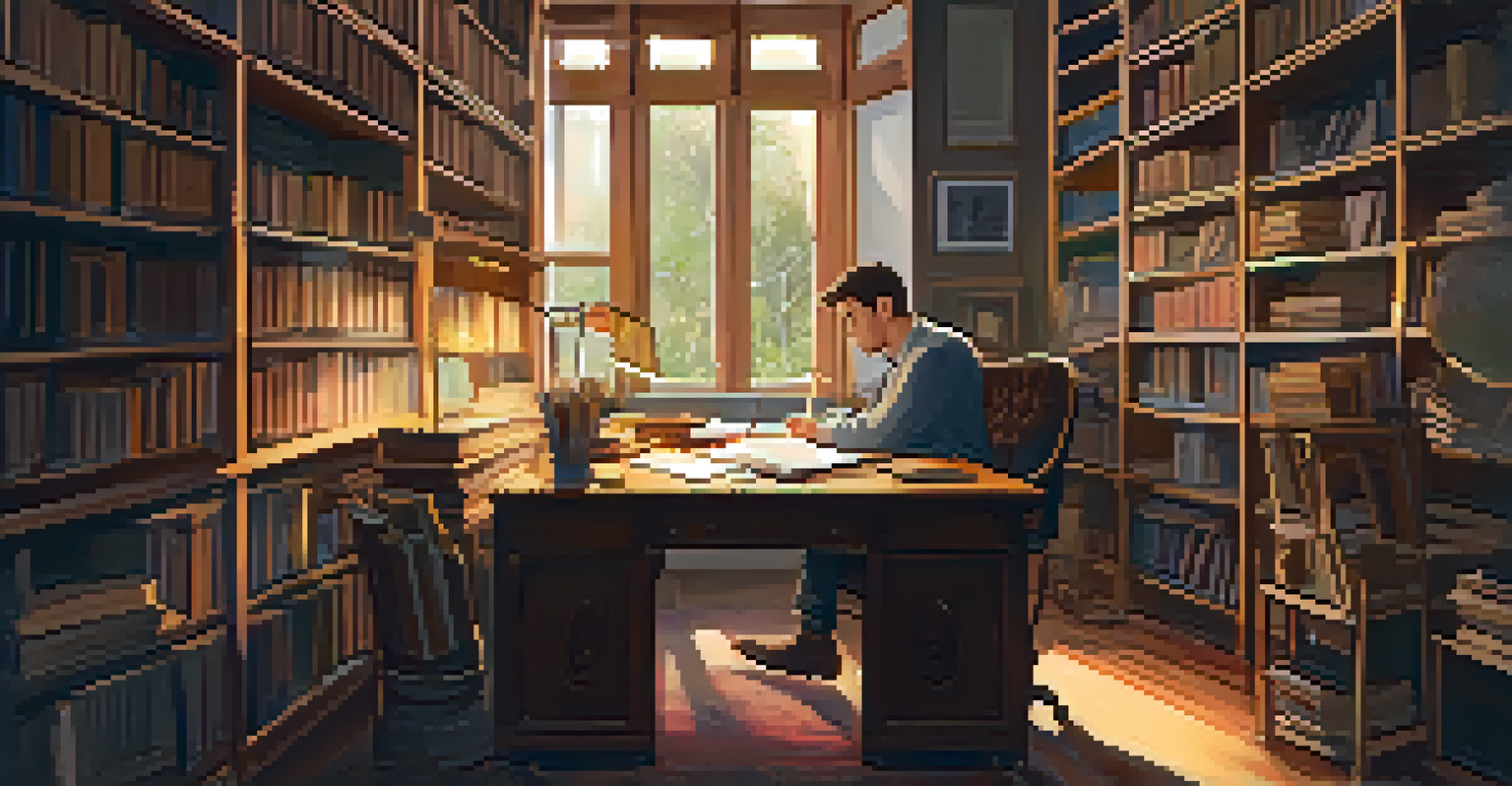 An adult in a study room, writing at a desk surrounded by books, demonstrating curiosity and engagement.