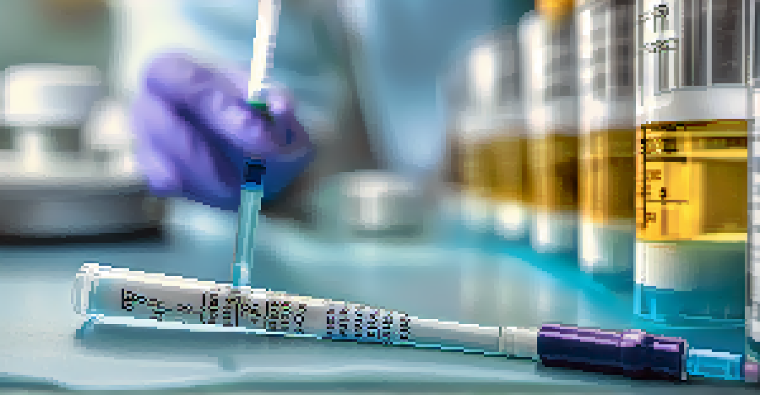 A close-up of a doctor's hand holding a syringe and a lab test vial in a laboratory setting.