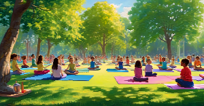 A lively outdoor yoga class for kids with diverse children practicing yoga poses on colorful mats under a sunny sky.
